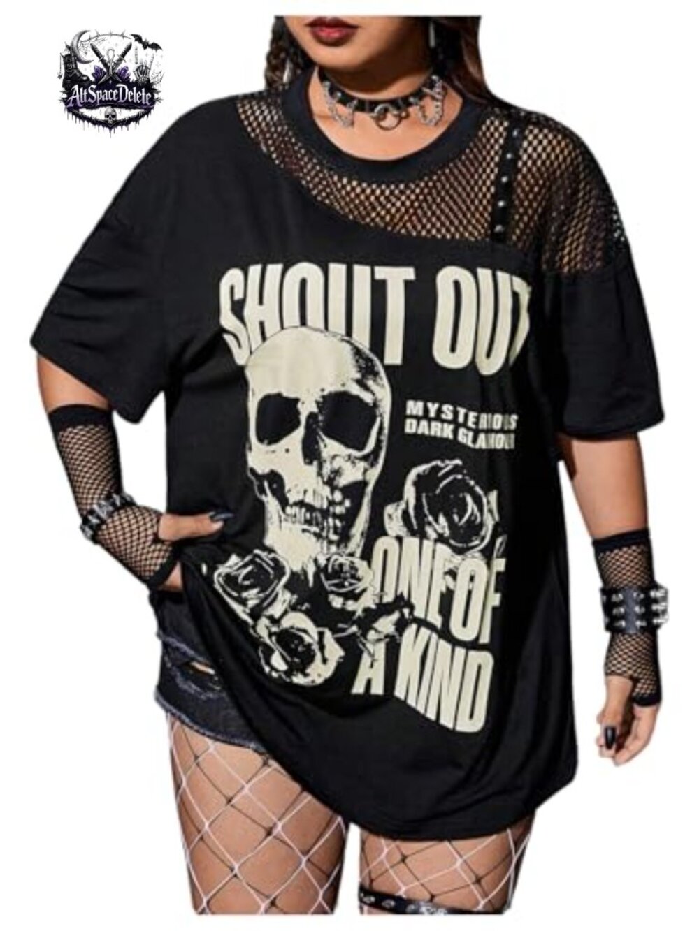 Plus Size Skull Letter Mesh Tees Y2k Punk Studded Half Sleeve T Shirt
